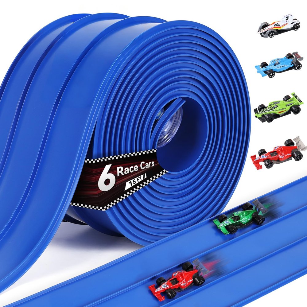 3-Lane Flexible Race Track for Kids with 6 Race Cars, 15 Ft Flex Track Compatible with Hot Wheels and Diecast 1/64 Scale Cars, Safe and Durable Materials, Birthday Gifts for Kids Age 3-7