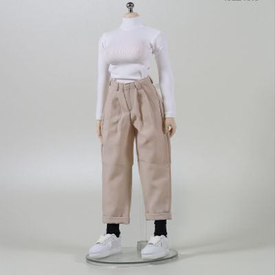 1/6 Scale Female Clothes, Commuter Daily Wear Casual Outfits for 12-inches Female Action Figure Body Doll, Short / Long Sleeves Tops & Wide-Leg / Cuffed Trousers Clothing (Beige Cuffed Trousers)