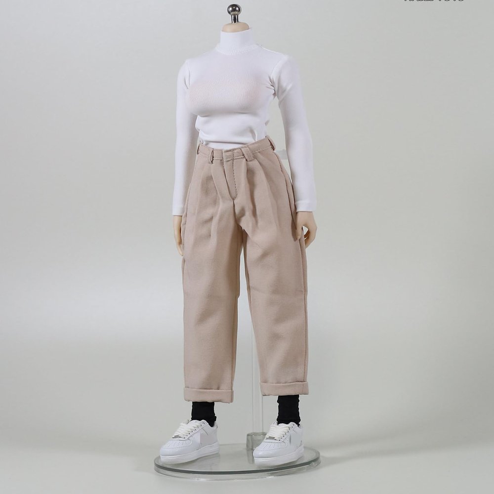 1/6 Scale Female Clothes, Commuter Daily Wear Casual Outfits for 12-inches Female Action Figure Body Doll, Short / Long Sleeves Tops & Wide-Leg / Cuffed Trousers Clothing (Beige Cuffed Trousers)