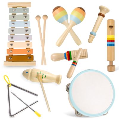 Baby Musical Instruments-Montessori Wooden Toys for Toddlers Age 3 Neutral Colors Percussion Instruments Set with Modern Boho Xylophone for Kids Preschool Educational, Includes Storage Bag
