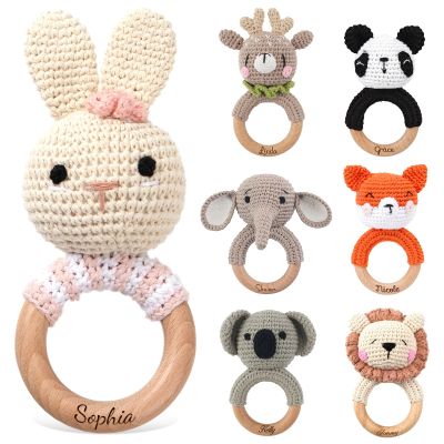 DJAFS Wooden Baby Rattle Handmade Crochet Animal Organic Sensory Toy for Teething Newborns, Infant Grip Trainer & Safe Baby Shower Gift (Customization Options)