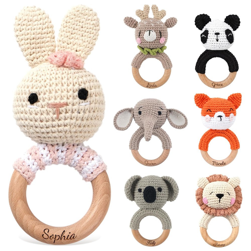 DJAFS Wooden Baby Rattle Handmade Crochet Animal Organic Sensory Toy for Teething Newborns, Infant Grip Trainer & Safe Baby Shower Gift (Customization Options)