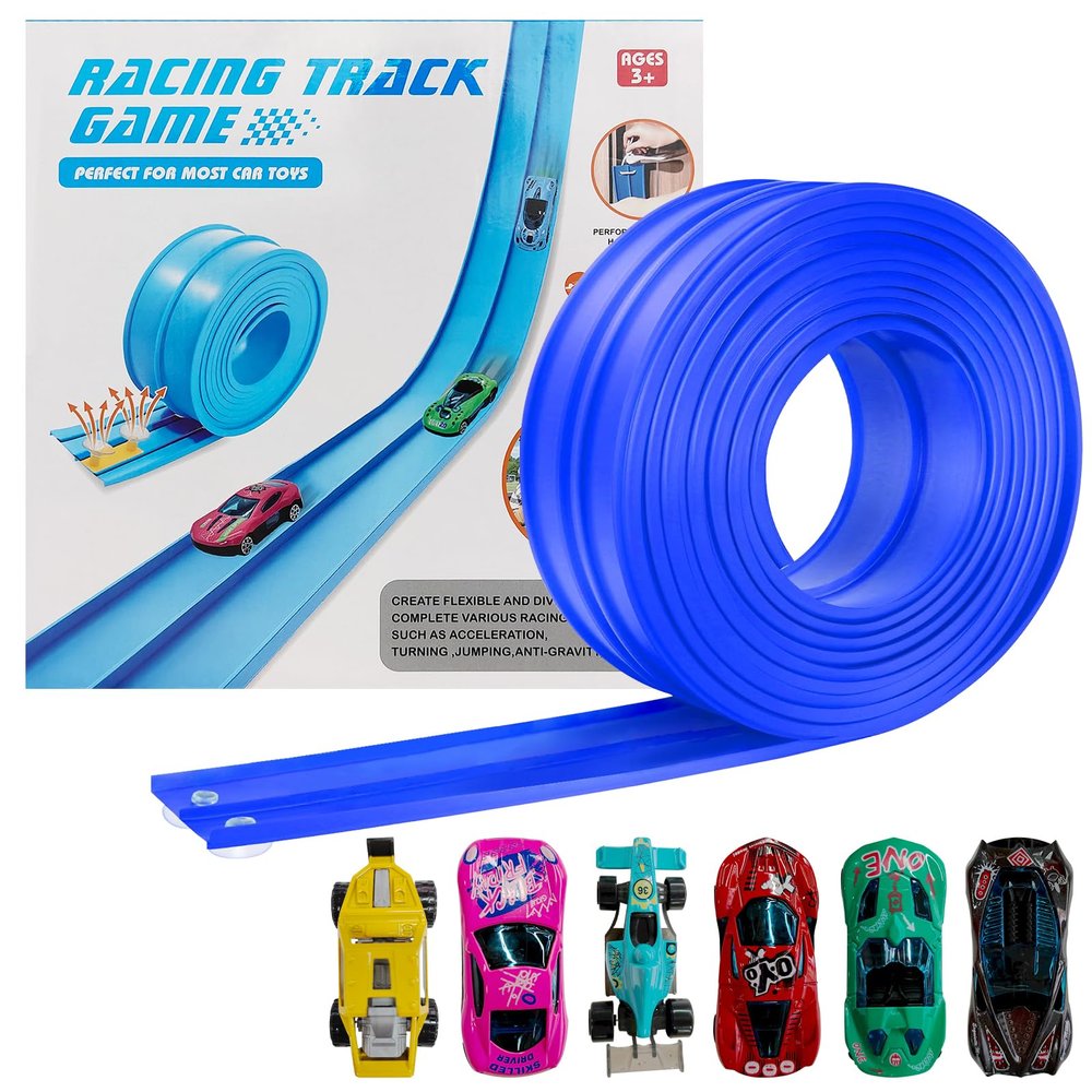 Dikopubby Flexible Race Track for Kids, 15FT Car Track with 4 Suction Cups and 6 Different 1/64th Cars - STEM Racing Toy for Boys & Girls Ages 3+ (Blue)