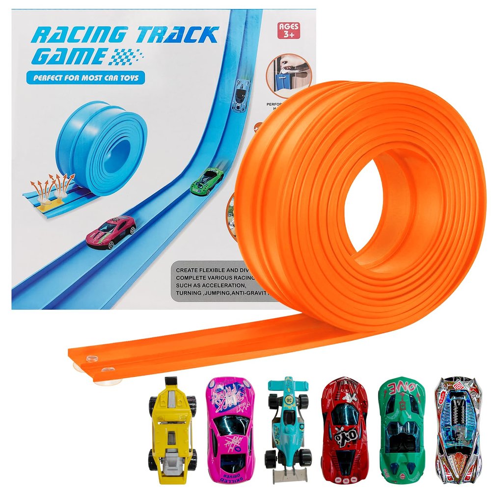 Dikopubby Flexible Race Track for Kids, 15FT Car Track with 4 Suction Cups and 6 Different 1/64th Cars - STEM Racing Toy for Boys & Girls Ages 3+ (Orange)