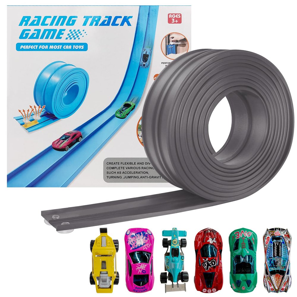 Dikopubby Flex Track Race Set for Kids, 15FT Starter Set Car Track with 4 Suction Cups and 6 Diecast 1/64th Cars - STEM Racing Toy for Boys & Girls Ages 3+ (Upgrade Orange) (Grey)