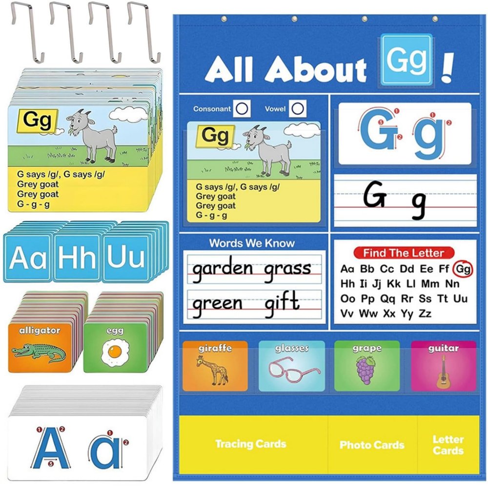 Alphabet Learning Pocket Chart, Classroom Wall Chart Early Letter Recognition/Early Literacy/Nteractive Assisted Education, Family School, Preschool, Kindergarten, 182 Cards