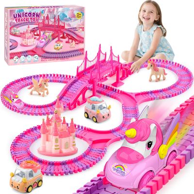 Aetyni Unicorn Toys Car Track for Kids Girls 4-6: 232 PCS Unicorn Monster Truck Race Track with 2 Pull Back Cars Toys for 3 4 5 6 7 Year Old Girl Toddler Valentines Day Birthday Gifts for Girl 3-5 6-8