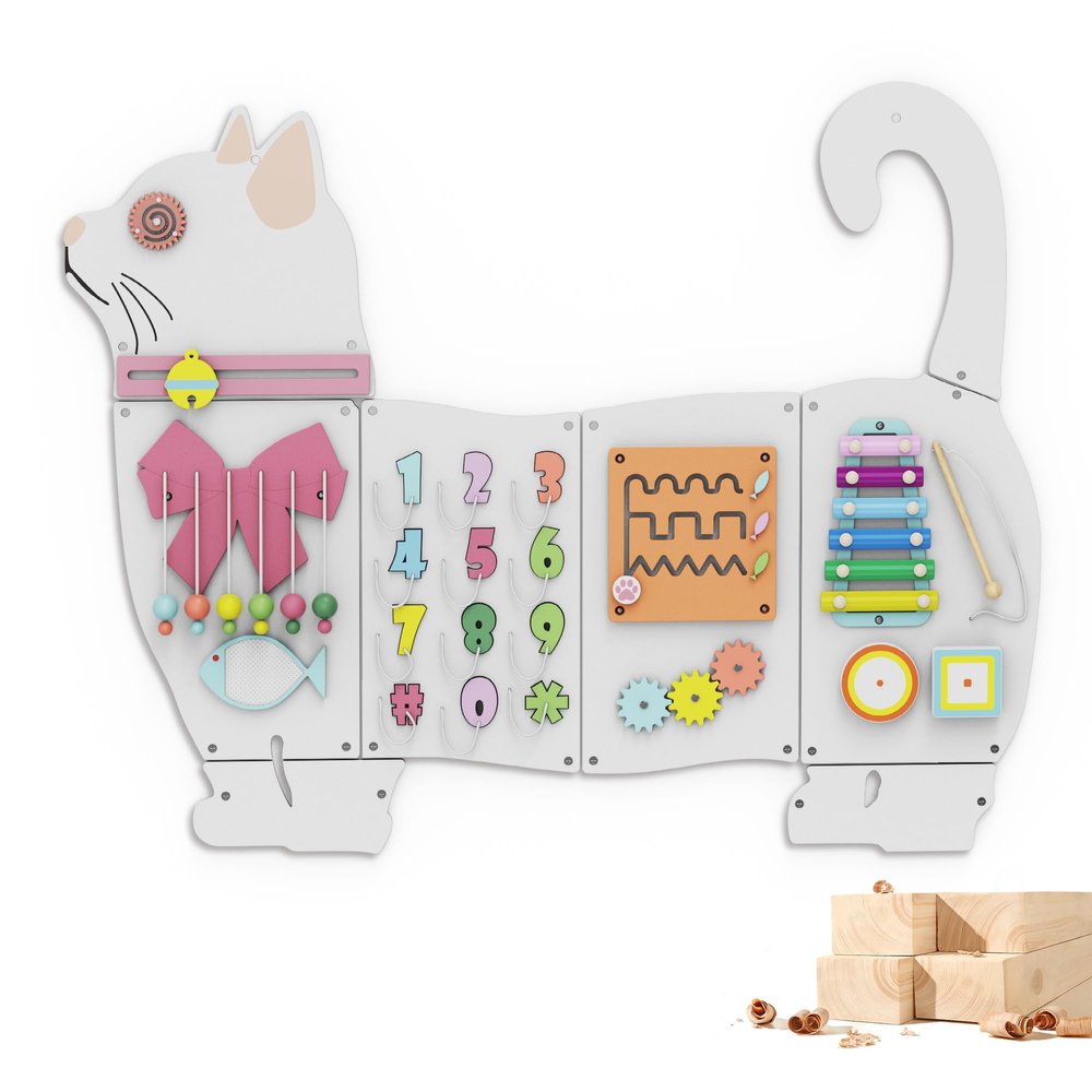 BlueWood Wooden Wall Busy Board Panels, Toddler Learning Activity Center, Montessori Philosophy Sensory, Educational Toys, Conducive to All-Round Development - Cat