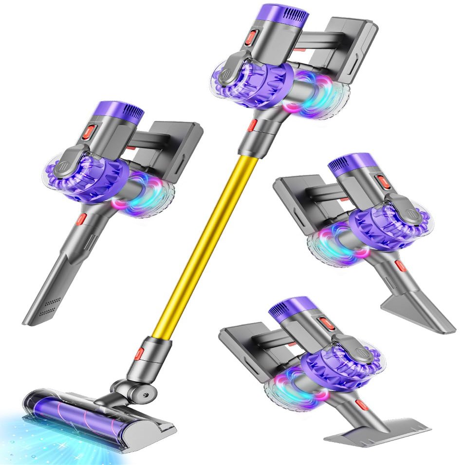 BLAXTEM 4-in-1 Kids Toy Vacuum That Works with Suction, Electric Toddler Vacuum Toy Cleaner for Children Ages 3 4 5 6+ Boys & Girls, Toddlers Toys Cleaning Set for Pretend Play (Purple/Yellow)