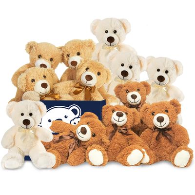 12 Pcs Teddy Bears Bulk Baby Shower, 13.7 inch Small Teddy Bear Stuffed Animal Toys for Christmas Valentine's Mother's Day Centerpieces Decorations for Kids Adults, Dark Brown,White and Brown