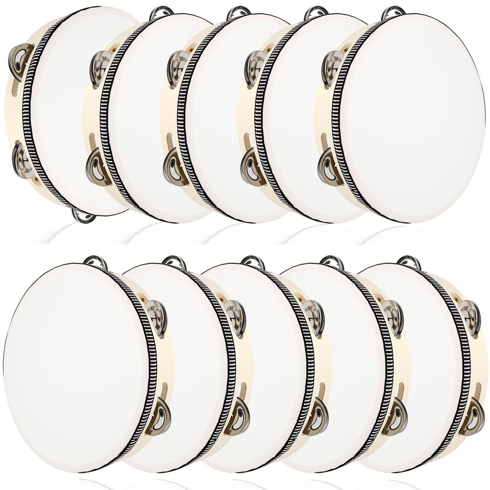 10 Pcs 8 Inch Adult Wedding Tambourines Drum Wooden Handheld Drums Metal Jingles Drums Musical Instruments Percussion for Church Wedding Party Favor