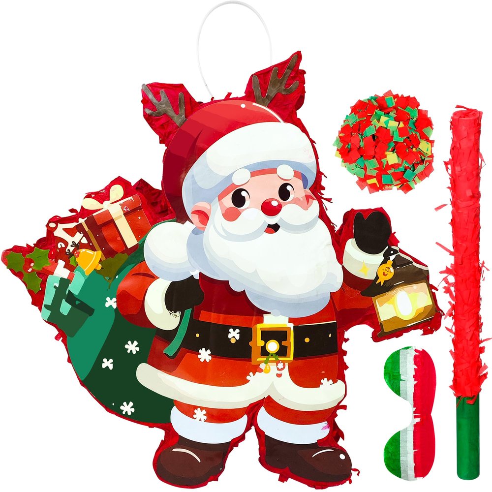 4 in 1 Christmas Santa Claus Piata, Christmas Piata Bundle Cute Santa Claus Piata, Christmas Party Games Stick Blindfold etc Christmas Decorations for Christmas Party Decorations