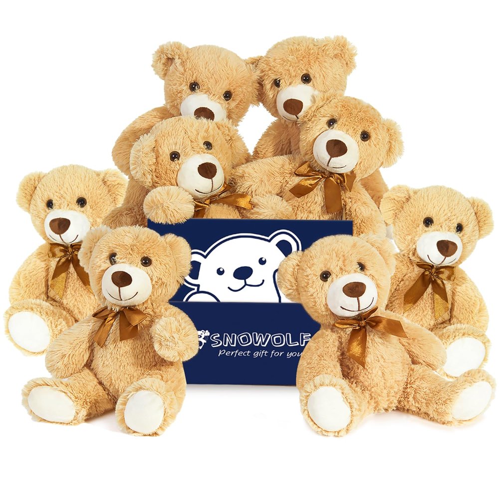 8 Pack Teddy Bears Bulk Baby Shower, 13.7 inch Small Teddy Bear Stuffed Animal Toys for Christmas Valentine's Mother's Day Centerpieces Decorations for Kids Adults, Light Brown