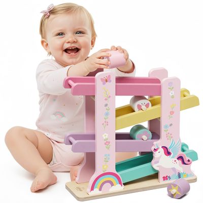 Lehoo Castle Wooden Car Ramp Toys for 1 Year Old Girl Birthday Gifts, Unicorn Montessori Toys for One Year Old, Wooden Race Track with 4 Rollers Toddler Toys for 2 Year Old Girl