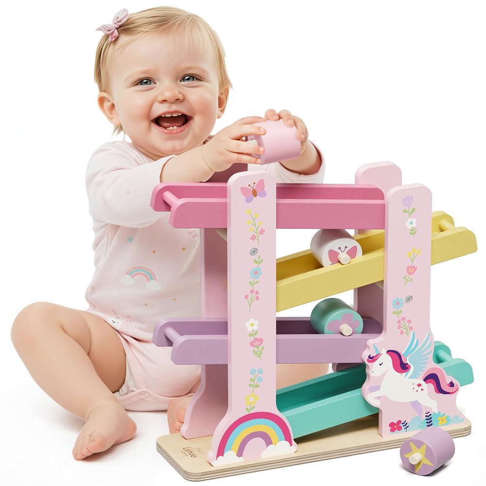 Lehoo Castle Wooden Car Ramp Toys for 1 Year Old Girl Birthday Gifts, Unicorn Montessori Toys for One Year Old, Wooden Race Track with 4 Rollers Toddler Toys for 2 Year Old Girl