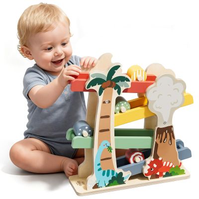 Lehoo Castle Wooden Car Ramp Toys for 1 Year Old Boy Birthday Gifts, Dinosaur Montessori Toys for 1 2 Year Old, Wooden Race Track with 4 Rollers Toddler Toys for 2 Year Old Boy