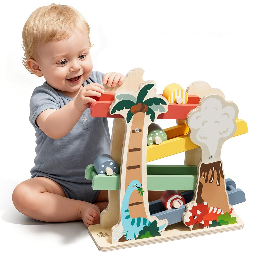 Lehoo Castle Wooden Car Ramp Toys for 1 Year Old Boy Birthday Gifts, Dinosaur Montessori Toys for 1 2 Year Old, Wooden Race Track with 4 Rollers Toddler Toys for 2 Year Old Boy