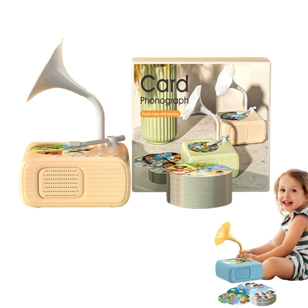 Kids Phonograph with 96 Cards, Toddler Music Player, Educational Record Player, Storytelling Gramophone for Boys & Girls, Interactive Audio Toy (Beige)