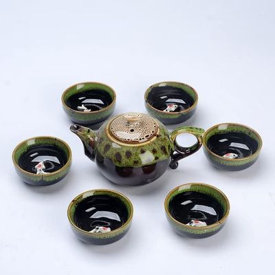 1 Pot 6 Cups Fish Play Tea Set Chinese Style Ceramic Kung Fu Tea Set Teapot Portable Tea Cups of Tea Ceremony Teaware Sets Gifts (Green Seven)