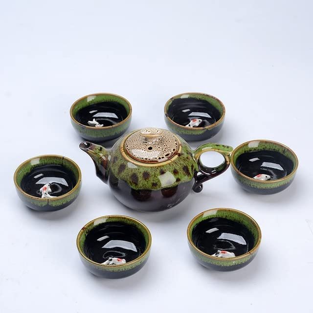 1 Pot 6 Cups Fish Play Tea Set Chinese Style Ceramic Kung Fu Tea Set Teapot Portable Tea Cups of Tea Ceremony Teaware Sets Gifts (Green Seven)