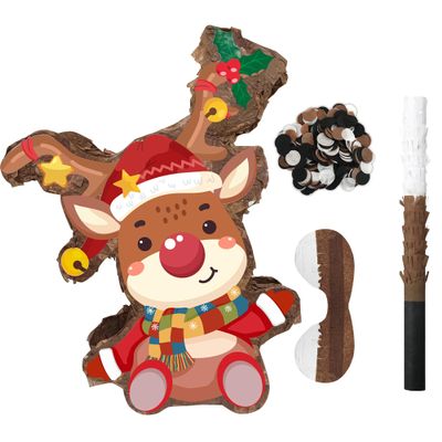 15.1'' Christmas Party Elk Piata, 4 Pcs Xams Pinata Bundle, Winter Wonderland Party Decorations Elk Piata Blindfold Stick etc
