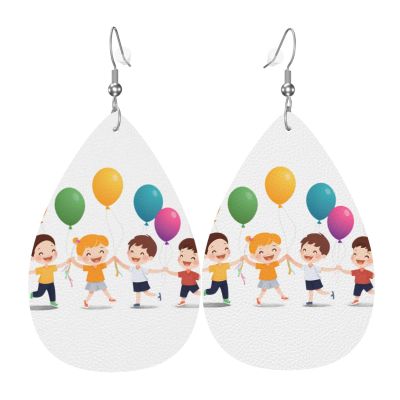 GGNKDL Playing kids Prints Water droplet pendant earrings and leather earrings, suitable as holiday birthday gifts for women