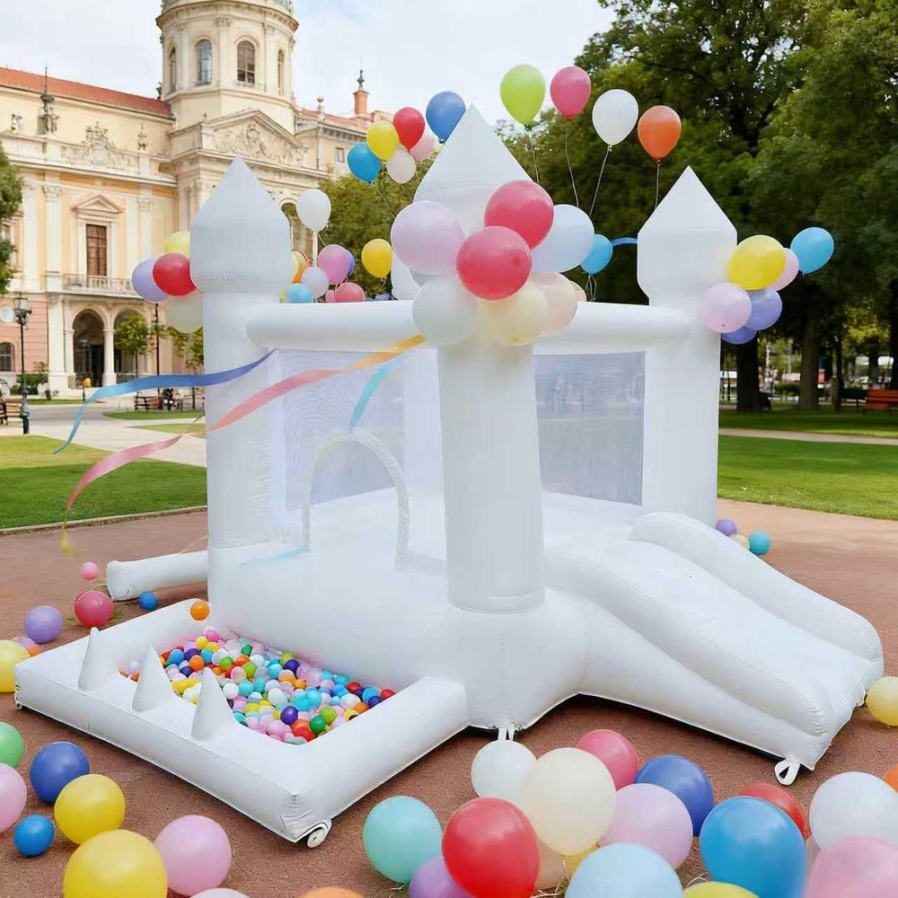 Aevumgz White Bounce House, Indoor and Outdoor Bouncy Castle, Inflatable Bounce House with Ball Pit & Slide, Bounce House for Kids Ages 3-6, Great for Birthday Parties, Outdoor Play, Backyard Gifts