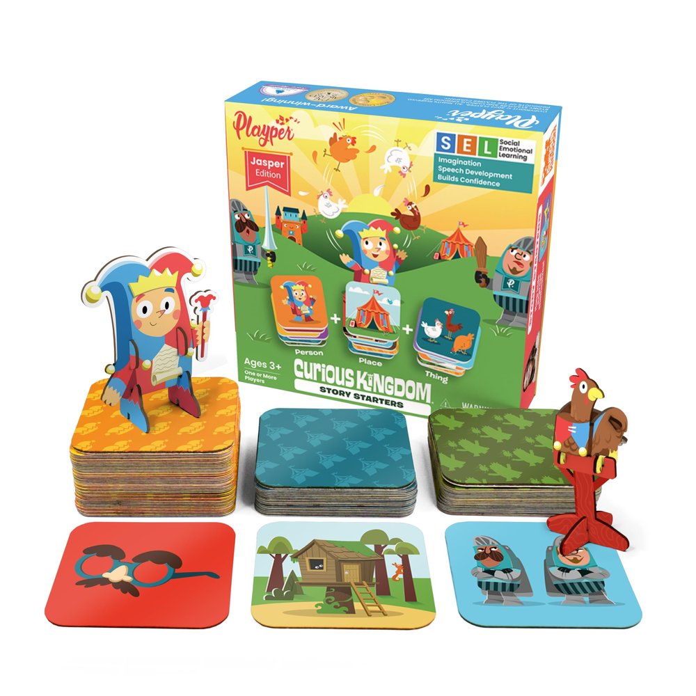Playper Story Starters Jasper The Jester Create a Story Cards for Kids Ages 3+, 47 Illustrated Prompts, Buildable Figurines, Pre-Literacy Storytelling Activity, Open-Ended Play