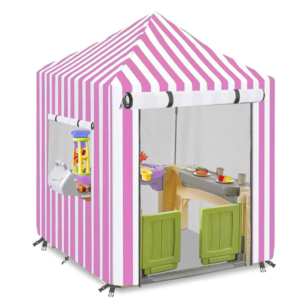 Children's Playhouse Cover, 420D Oxford Tarpaulin Foldable Waterproof Sunscreen All-Weather Protective 4 Windproof Buckle, for Backyard Garden Cottage Kids' Play House (Pink,56 x 56 x 60.2 inches)