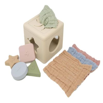 Brooklyn Neutral Silicone Shape Sorter & Tissue Box Toy with Organic Muslin Cotton Cloths - Baby Toys for Development - Montessori Learning Toys for 1 Year Old-Educational Non-Toxic Toy