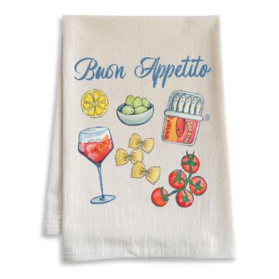 Moonlight Makers - Buon Appetito Watercolor Dish Towels for Kitchen Decorative - Cotton Flour Sack Tea and Absorbent Vintage Kitchen Towels, Vintage Style Decor - Oatmeal Color - 28"x28" Unfolded Size