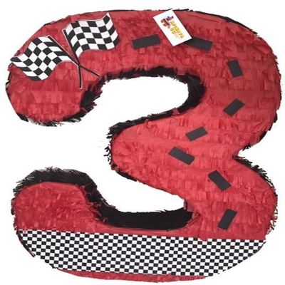 APINATA4U Number Three Race Car Pinata, Red Checkered Flag for First Birthday, Racing Theme Party Supplies, Race Track Decor, Kids Pinata, Boys Birthday, Race Car Checkered Flag Design
