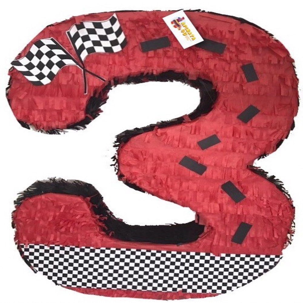 APINATA4U Number Three Race Car Pinata, Red Checkered Flag for First Birthday, Racing Theme Party Supplies, Race Track Decor, Kids Pinata, Boys Birthday, Race Car Checkered Flag Design