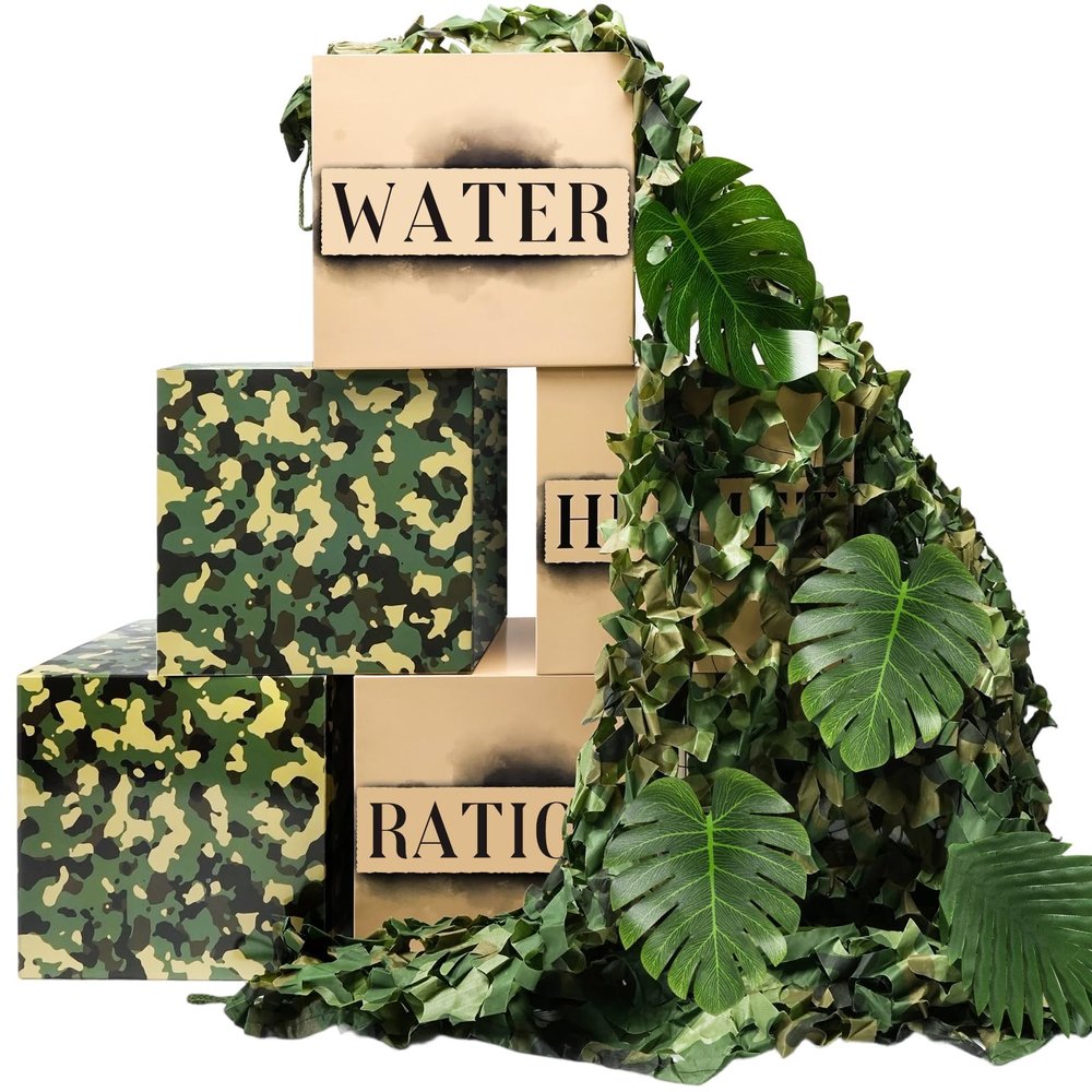 19 Pcs Camo Boxes Decor Army Party Decorations Including Camo Boxes Camo Netting and Palm Leaves Artificial for Hunting Military Army Military Enthusiasts Jungle Camo Party Birthday Party Supplies