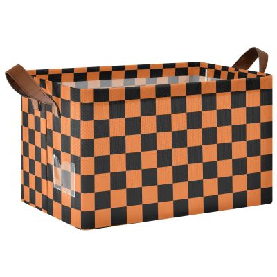 ALAZA Black Orange Checkered Halloween Rectangular Closet Storage Box Storage Bin Basket Storage Cube with Leather Handles Nursery Storage Laundry Hamper 2 Piece
