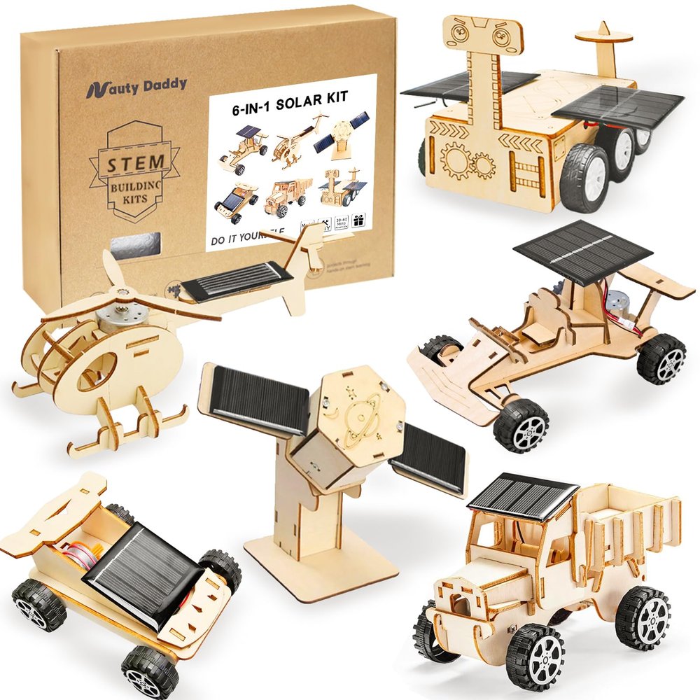 NautyDaddy 6-in-1 Solar STEM Building Kit, Wooden DIY Construction Set with Satellite, Helicopter, Cars, Educational Science Toy for Kids 6-14 Years