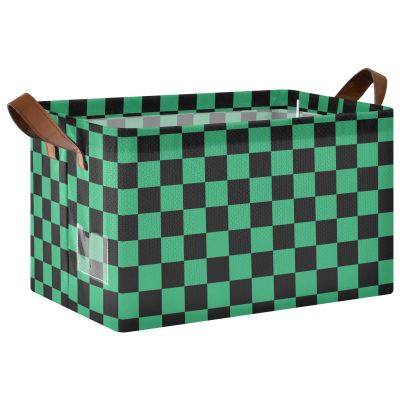 ALAZA Black Green Checkered Rectangular Closet Storage Box Storage Bin Basket Storage Cube with Leather Handles Nursery Storage Laundry Hamper 2 Piece