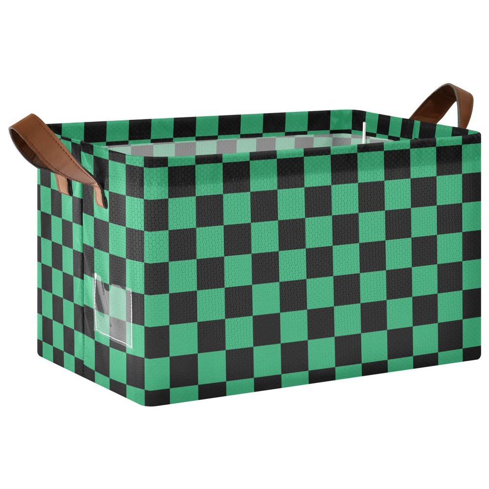 ALAZA Black Green Checkered Rectangular Closet Storage Box Storage Bin Basket Storage Cube with Leather Handles Nursery Storage Laundry Hamper 2 Piece
