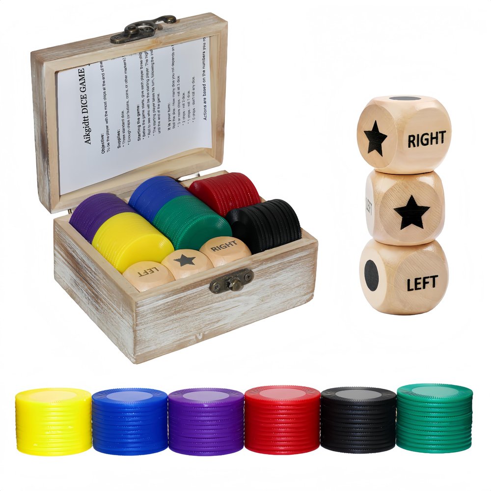 Aikgidtt Left Right Roll Dice Game Set - 3 Wooden Dice & 72 Chips in Wooden Box | Portable Travel Party Game for Family, Friends, Adults (White)