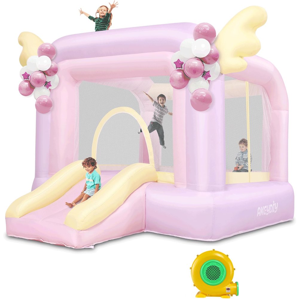 AKEYDIY Bounce House, Fairytale Bounce Castle with Slide, Inflatable Jumping Bouncy Castle with Blower for Kids Girls Birthday Party Gifts Outdoor & Indoor Play (Sweetie Pink)
