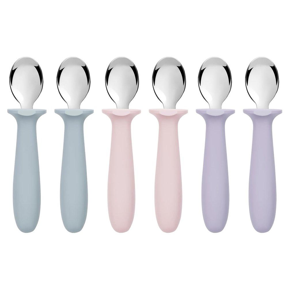 6 PCS Toddler Spoons Set - Baby Spoons with Silicone Handle Children Food Grade 18/8 Stainless Steel Toddler Utensils Set for Self Feeding Kids Silverware Set Safe Anti-Choke Design Dishwasher Safe