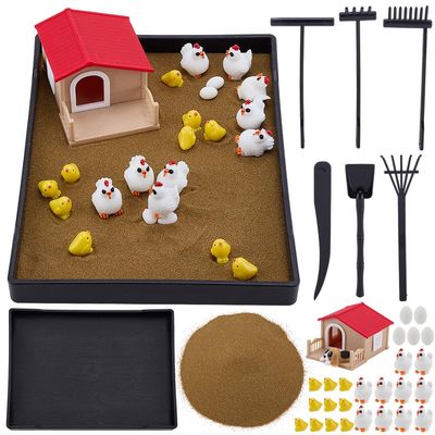 WEBEEDY Chicken Zen Garden Kit for Desk, Zen Decor Sand Garden DIY Kit with Chicken, Eggs and Farmhouse Figurines, Funny Tabletop Ornament for Office Home Meditation Gift, 8.3x6.2 Inch