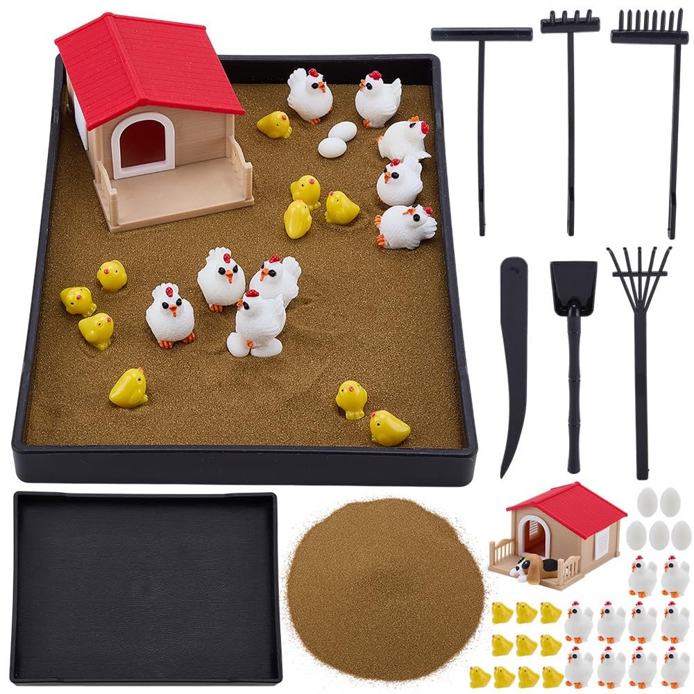 WEBEEDY Chicken Zen Garden Kit for Desk, Zen Decor Sand Garden DIY Kit with Chicken, Eggs and Farmhouse Figurines, Funny Tabletop Ornament for Office Home Meditation Gift, 8.3x6.2 Inch