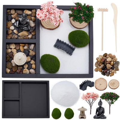 WEBEEDY Mini Zen Garden Kit for Desk, Japanese Mini Sand Box Set DIY Desktop Meditation Set Includes Sand, Buddha Statue & Rake for Home Office Desk Yoga Zen Decor Spiritual Gift, 8.5x6.8 Inch
