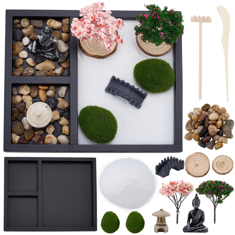 WEBEEDY Mini Zen Garden Kit for Desk, Japanese Mini Sand Box Set DIY Desktop Meditation Set Includes Sand, Buddha Statue & Rake for Home Office Desk Yoga Zen Decor Spiritual Gift, 8.5x6.8 Inch