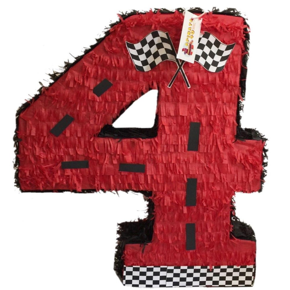 APINATA4U Number Four Race Car Pinata, Red Checkered Flag for Birthday, Racing Theme Party Supplies, Race Track Decor, Kids Pinata, Boys Birthday, Race Car Checkered Flag Design