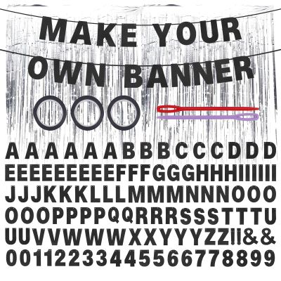 118pcs Letter Banner Kit, A-Z Glitter Black DIY Custom Banner Kit Including Letters Number & Rain Curtains Backdrop for Personalized Birthday Graduation Wedding Party Decoration