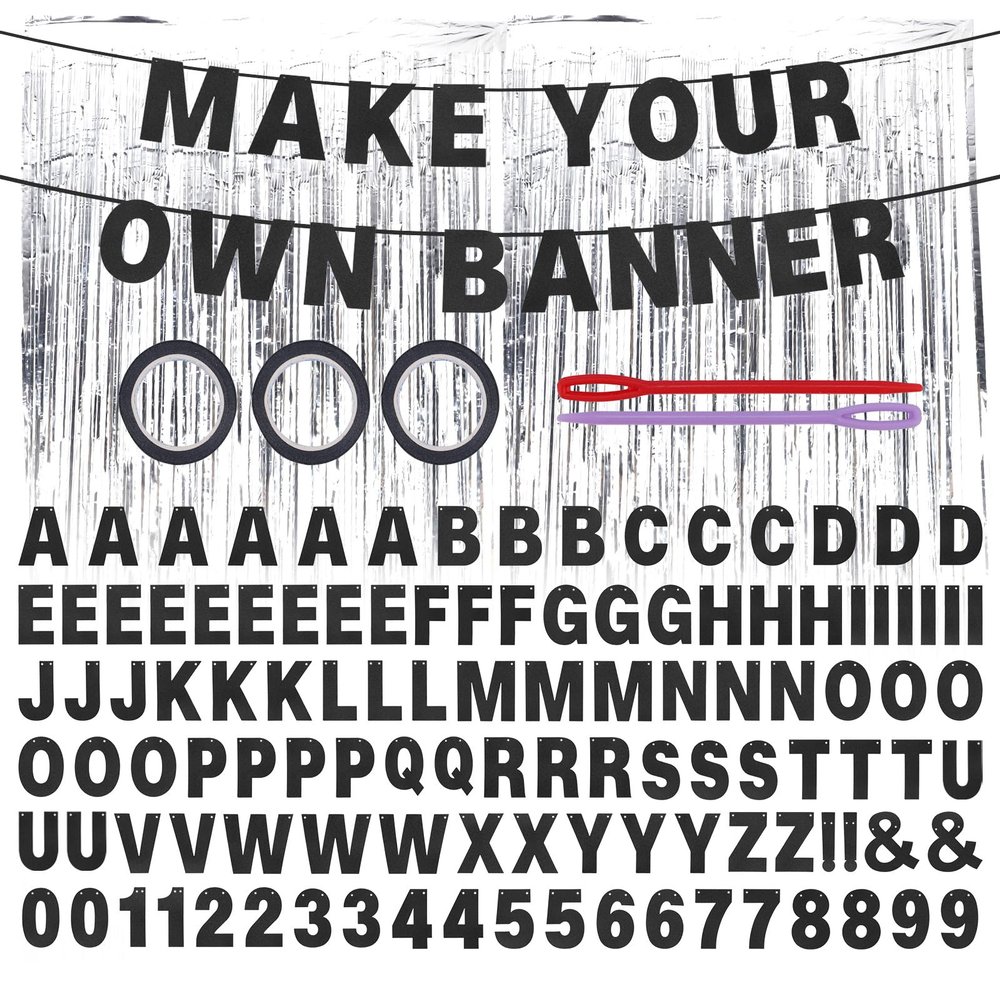 118pcs Letter Banner Kit, A-Z Glitter Black DIY Custom Banner Kit Including Letters Number & Rain Curtains Backdrop for Personalized Birthday Graduation Wedding Party Decoration