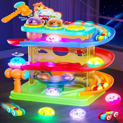 2-in-1 Rolling Ball & Car Ramp Race Track for Toddlers, Hammer Ball Drop Toy for Boys & Girls, Interactive Toys w/Sensor Lights - Montessori STEM Learning Toys - Brithday Gift for Kids 1-5+ Year Old