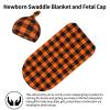 Black Orange Gingham Baby Stuff Swaddle Blanket with Beanie Set, Soft Baby Blankets Newborn Sleeping Sacks for Girls Boys view 2